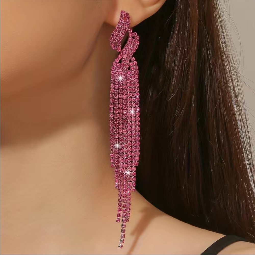 Pink Tassel Dangle Rhinestone Statement Earrings